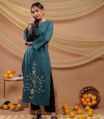  teal blue hand floral print cotton straight kurta