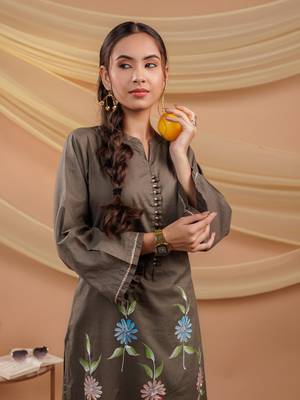  military green hand floral print cotton straight kurta 1