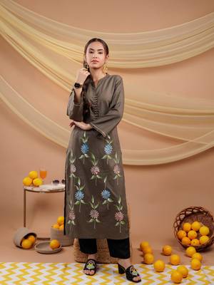  military green hand floral print cotton straight kurta 2