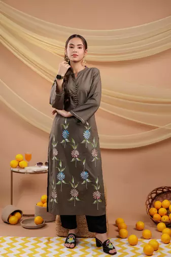  military green hand floral print cotton straight kurta