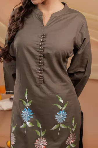 military green hand floral print cotton straight kurta