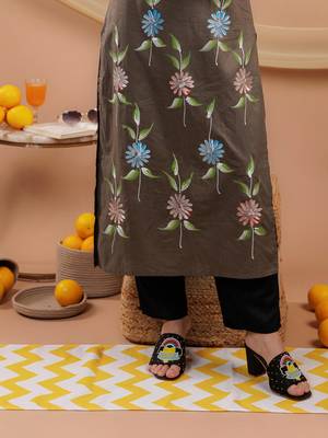  military green hand floral print cotton straight kurta 5