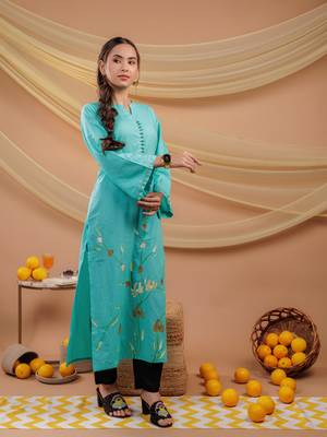  sea green hand floral print cotton straight kurta 1