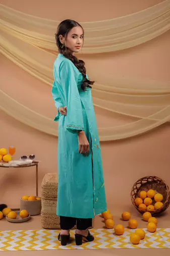  sea green hand floral print cotton straight kurta