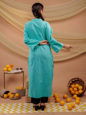  sea green hand floral print cotton straight kurta 3