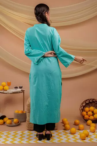  sea green hand floral print cotton straight kurta