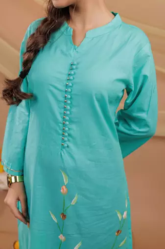  sea green hand floral print cotton straight kurta