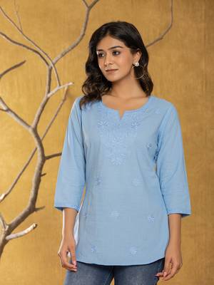  sky blue chikankari striped regular top 5