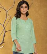 green chikankari striped regular top