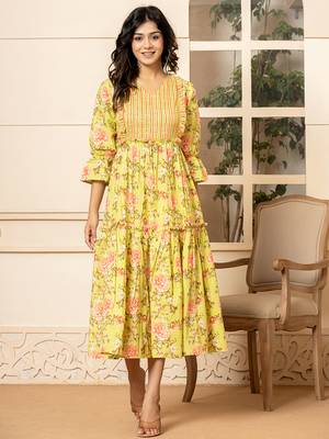  green cotton floral print tiered dress with ruffles 1