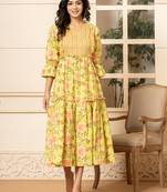  green cotton floral print tiered dress with ruffles