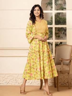 green cotton floral print tiered dress with ruffles 2