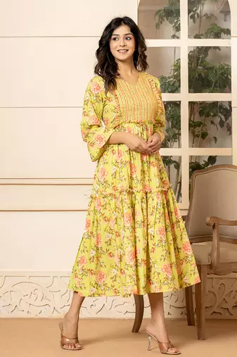  green cotton floral print tiered dress with ruffles