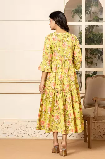  green cotton floral print tiered dress with ruffles