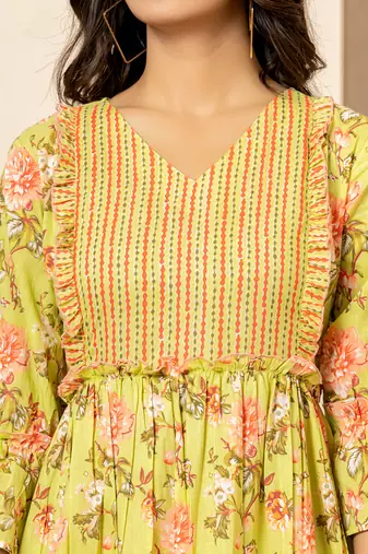  green cotton floral print tiered dress with ruffles