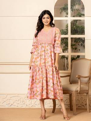 pink cotton floral print tiered dress with ruffles 1
