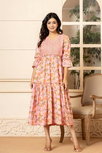 pink cotton floral print tiered dress with ruffles