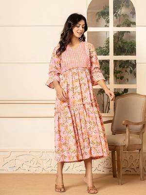 pink cotton floral print tiered dress with ruffles 2