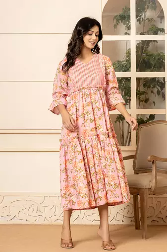 pink cotton floral print tiered dress with ruffles