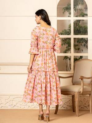 pink cotton floral print tiered dress with ruffles 3