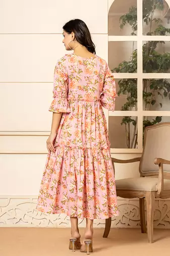 pink cotton floral print tiered dress with ruffles