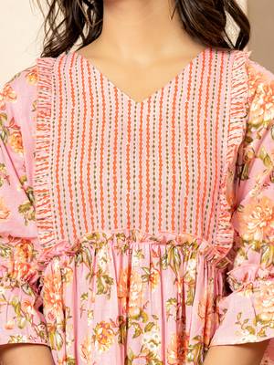 pink cotton floral print tiered dress with ruffles 4