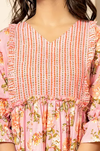 pink cotton floral print tiered dress with ruffles