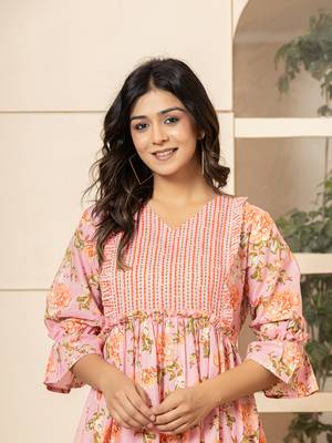 pink cotton floral print tiered dress with ruffles 5