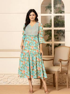  teal green cotton floral print tiered dress with ruffles 1