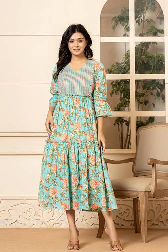  teal green cotton floral print tiered dress with ruffles