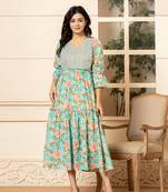  teal green cotton floral print tiered dress with ruffles