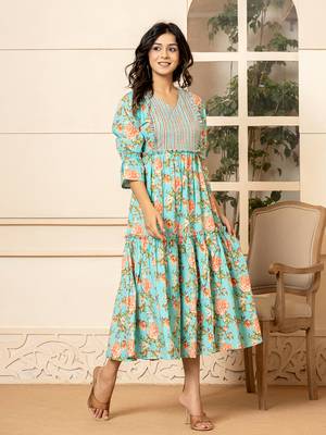  teal green cotton floral print tiered dress with ruffles 2