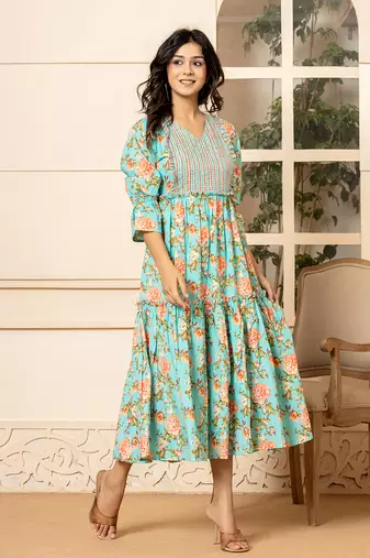  teal green cotton floral print tiered dress with ruffles