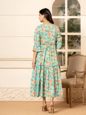  teal green cotton floral print tiered dress with ruffles 3