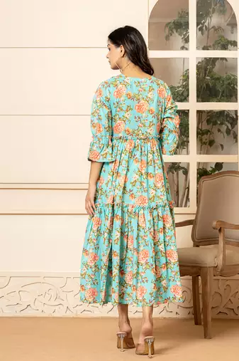  teal green cotton floral print tiered dress with ruffles