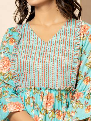  teal green cotton floral print tiered dress with ruffles 4