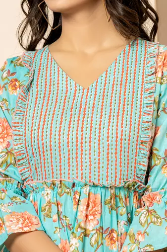  teal green cotton floral print tiered dress with ruffles