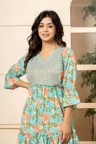  teal green cotton floral print tiered dress with ruffles