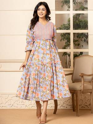  violet cotton floral print tiered dress with ruffles 1
