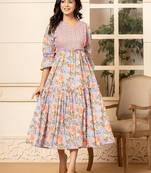  violet cotton floral print tiered dress with ruffles