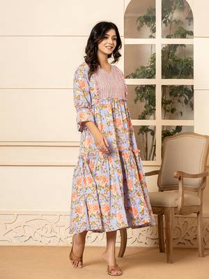  violet cotton floral print tiered dress with ruffles 2