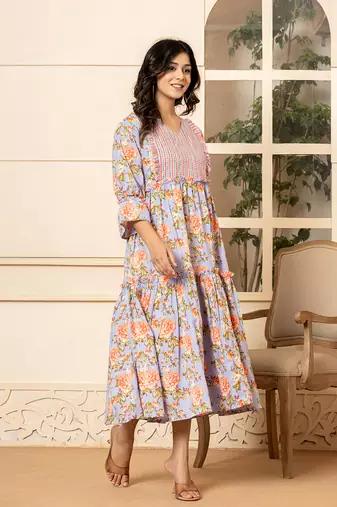  violet cotton floral print tiered dress with ruffles