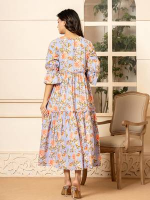  violet cotton floral print tiered dress with ruffles 3