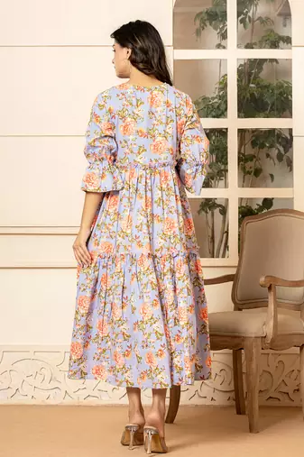  violet cotton floral print tiered dress with ruffles
