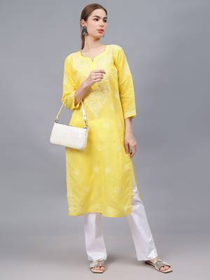 Yellow cotton lucknowi chikankari kurta 4