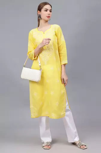 Yellow cotton lucknowi chikankari kurta