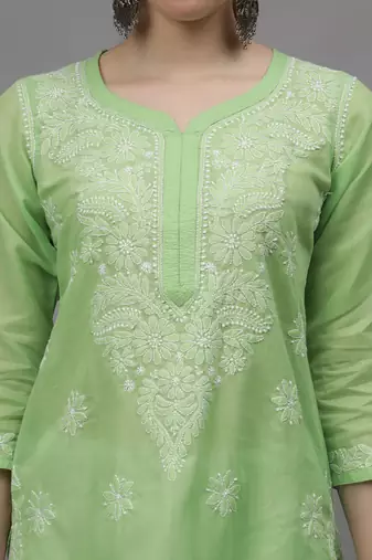 Green cotton lucknowi chikankari kurta