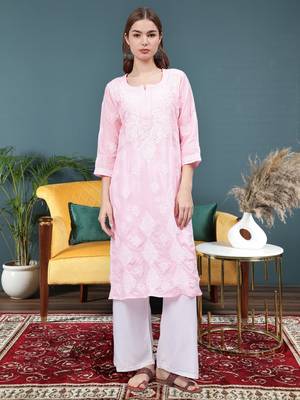 Pink cotton lucknowi chikankari kurta 1