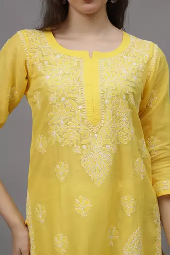 Yellow cotton lucknowi chikankari kurta