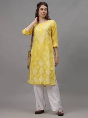 Yellow cotton lucknowi chikankari kurta 4